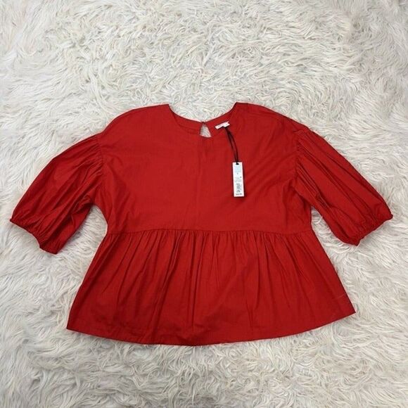 Prologue Red Balloon Sleeve Peplum Womens Romantic Blouse Size Large NWT Cotton - Picture 1 of 10